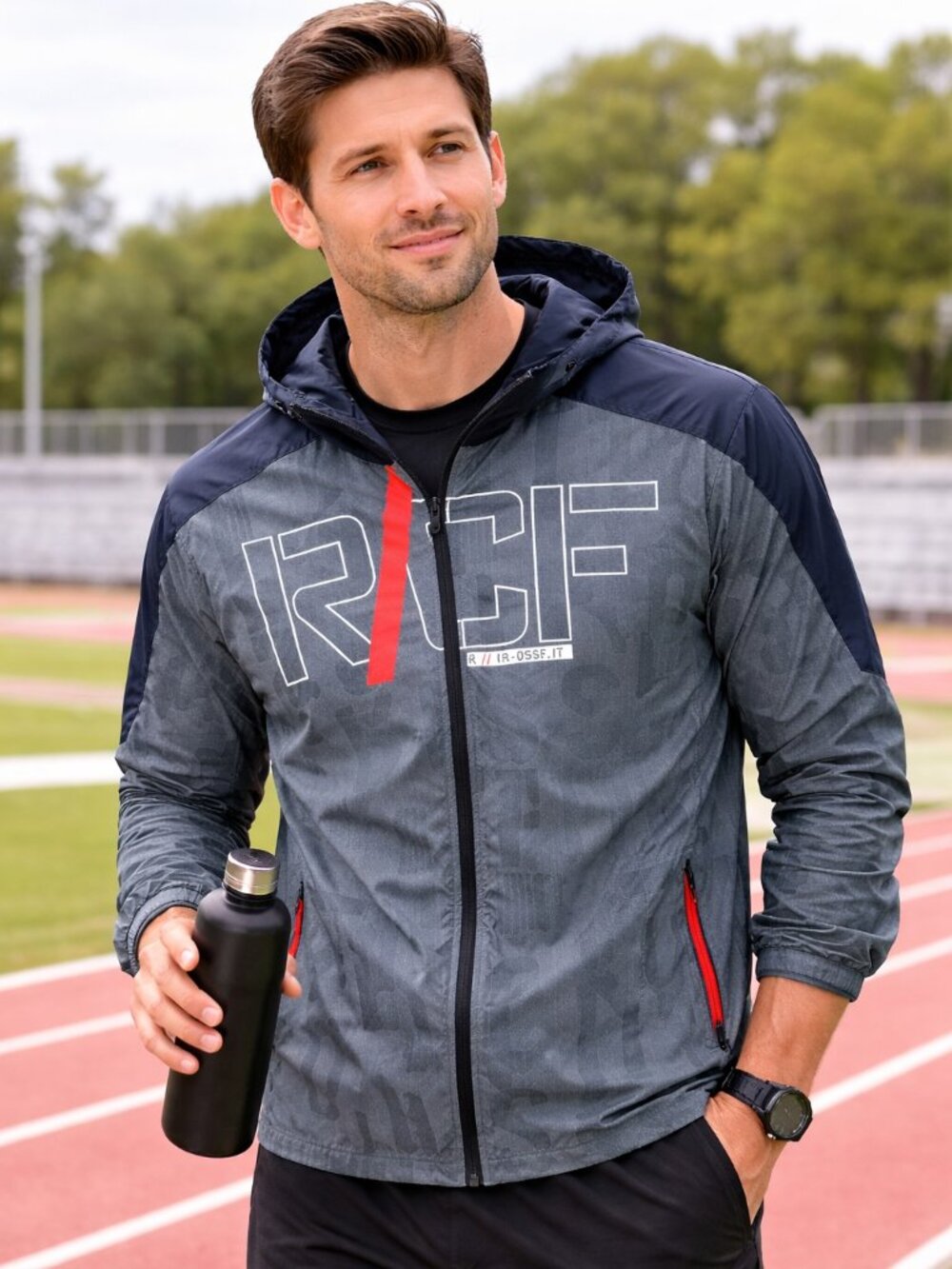 Reebok CrossFit Mens Large Gray Black Lightweight Hooded Running Training Jacket